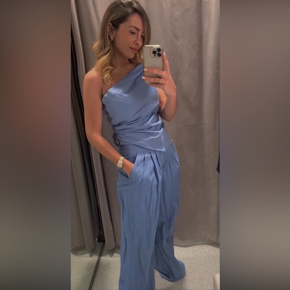 Zara Light Blue One-Shoulder Top and Wide-Leg Pants Set - Picture 4 of 16